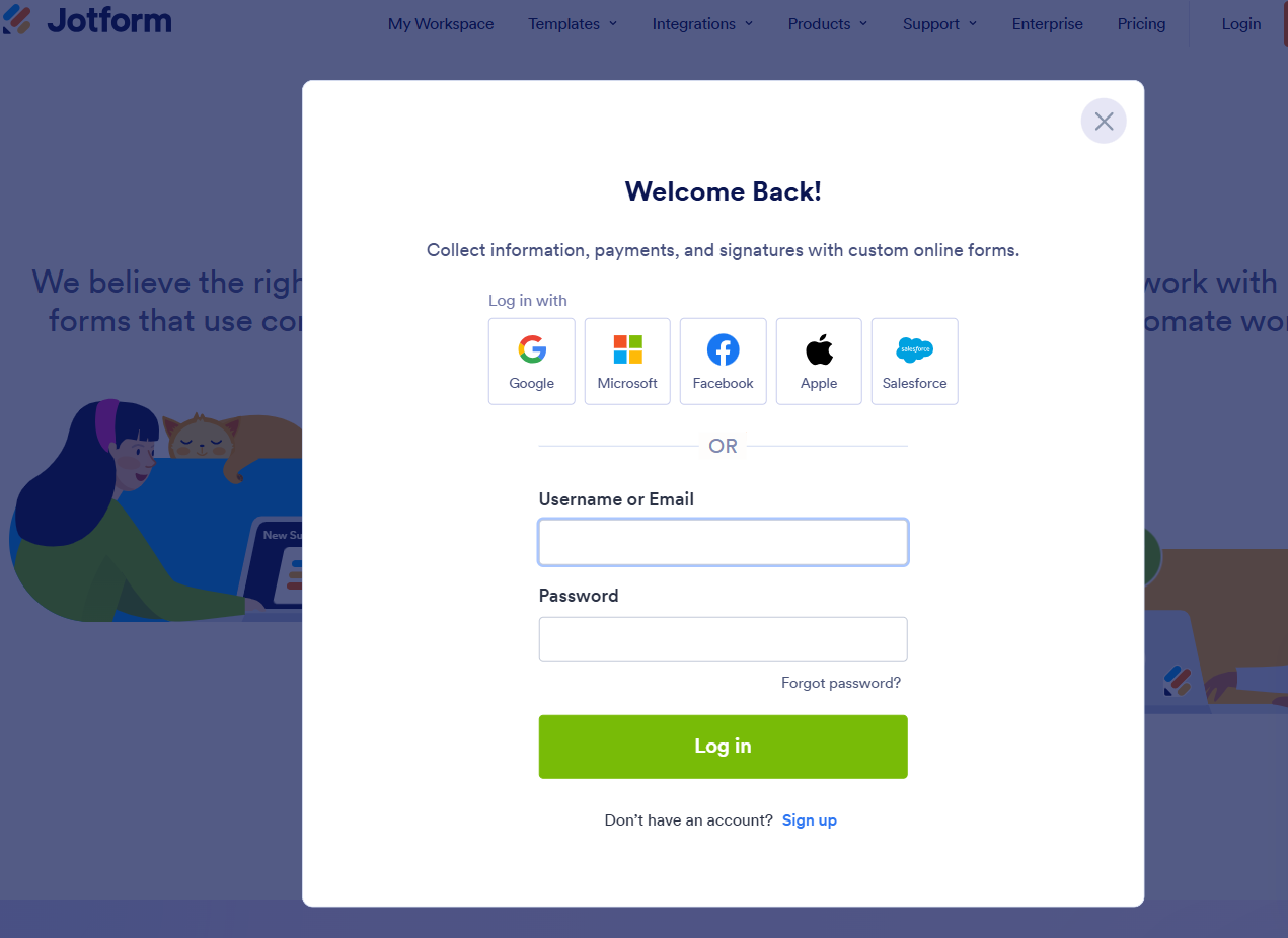 Jotform Login-Seite