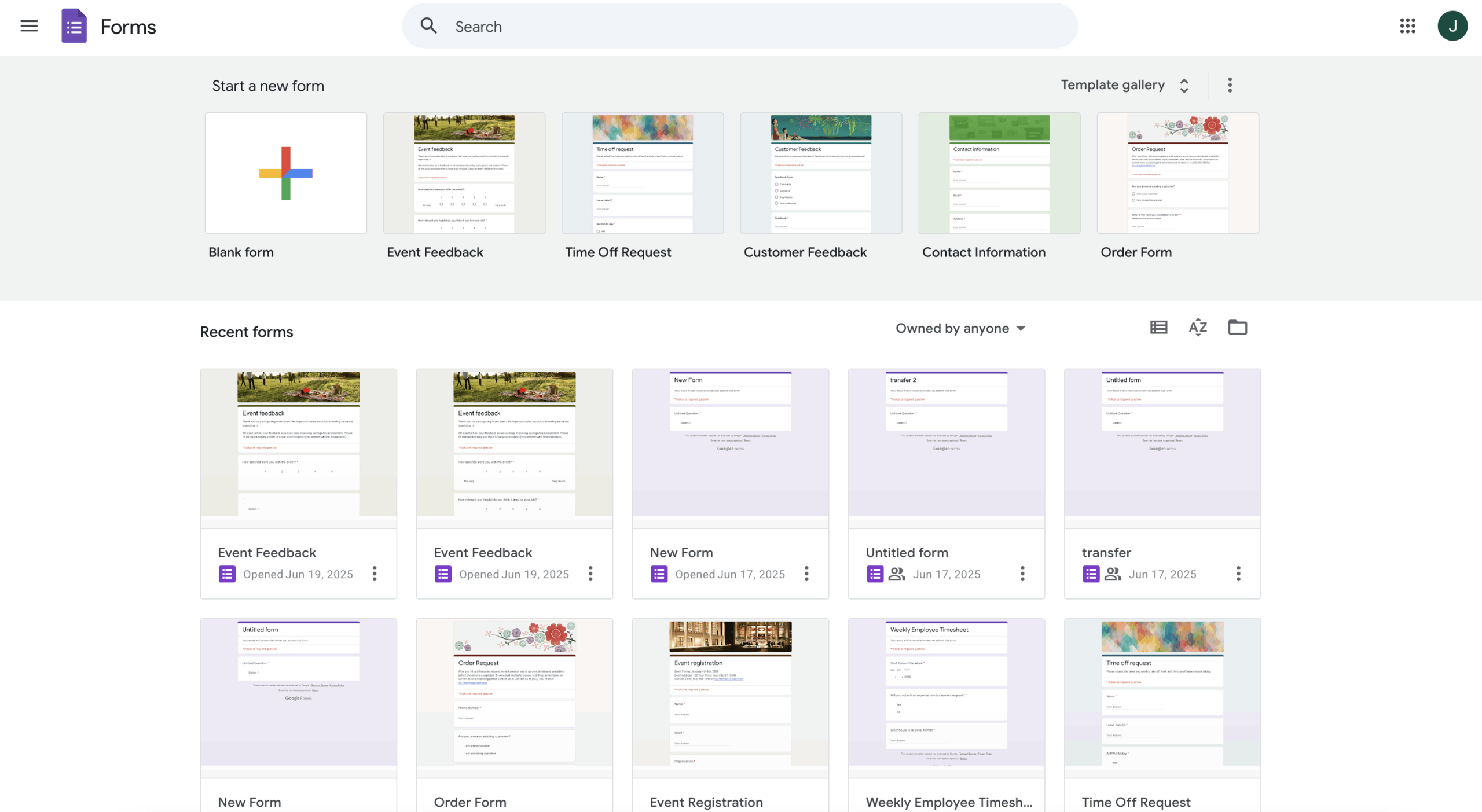 Screenshot of the Google Forms homepage showing template options like Event Feedback and Order Form at the top, and a list of recently opened forms below