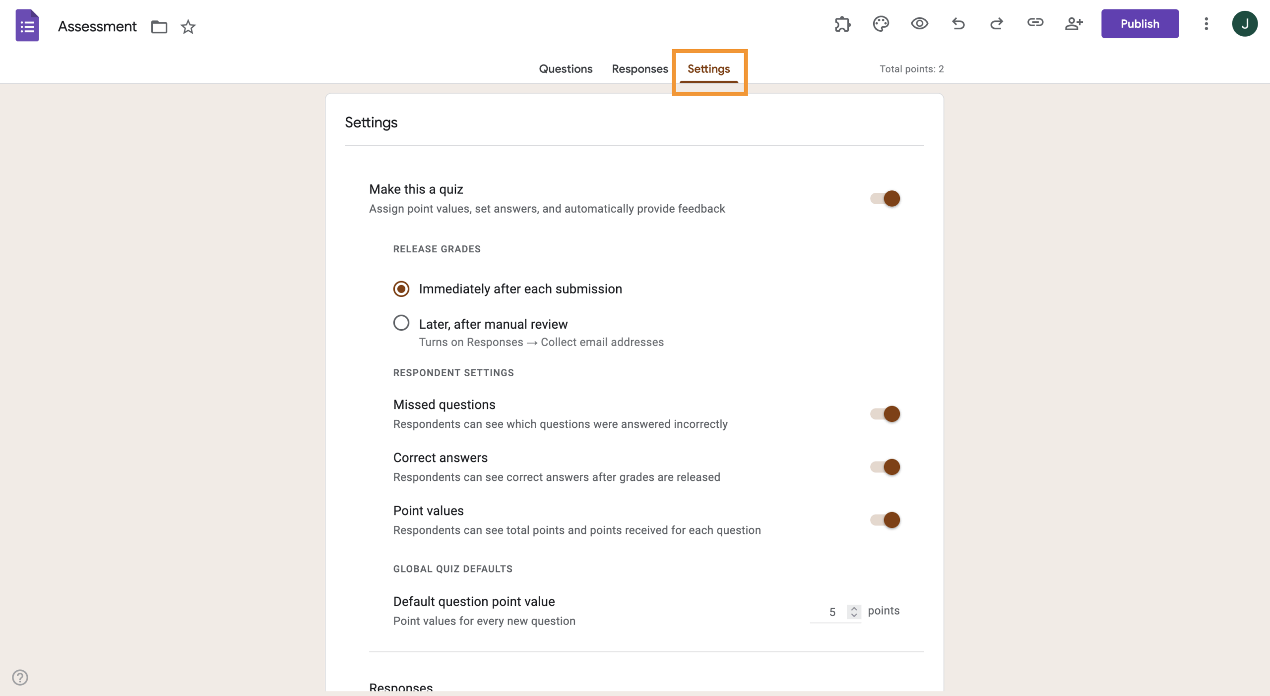 Screenshot of the Google Forms “Settings” tab for a quiz titled “Assessment,” showing options to release grades immediately or after manual review and toggle settings for missed questions, correct answers, and point values