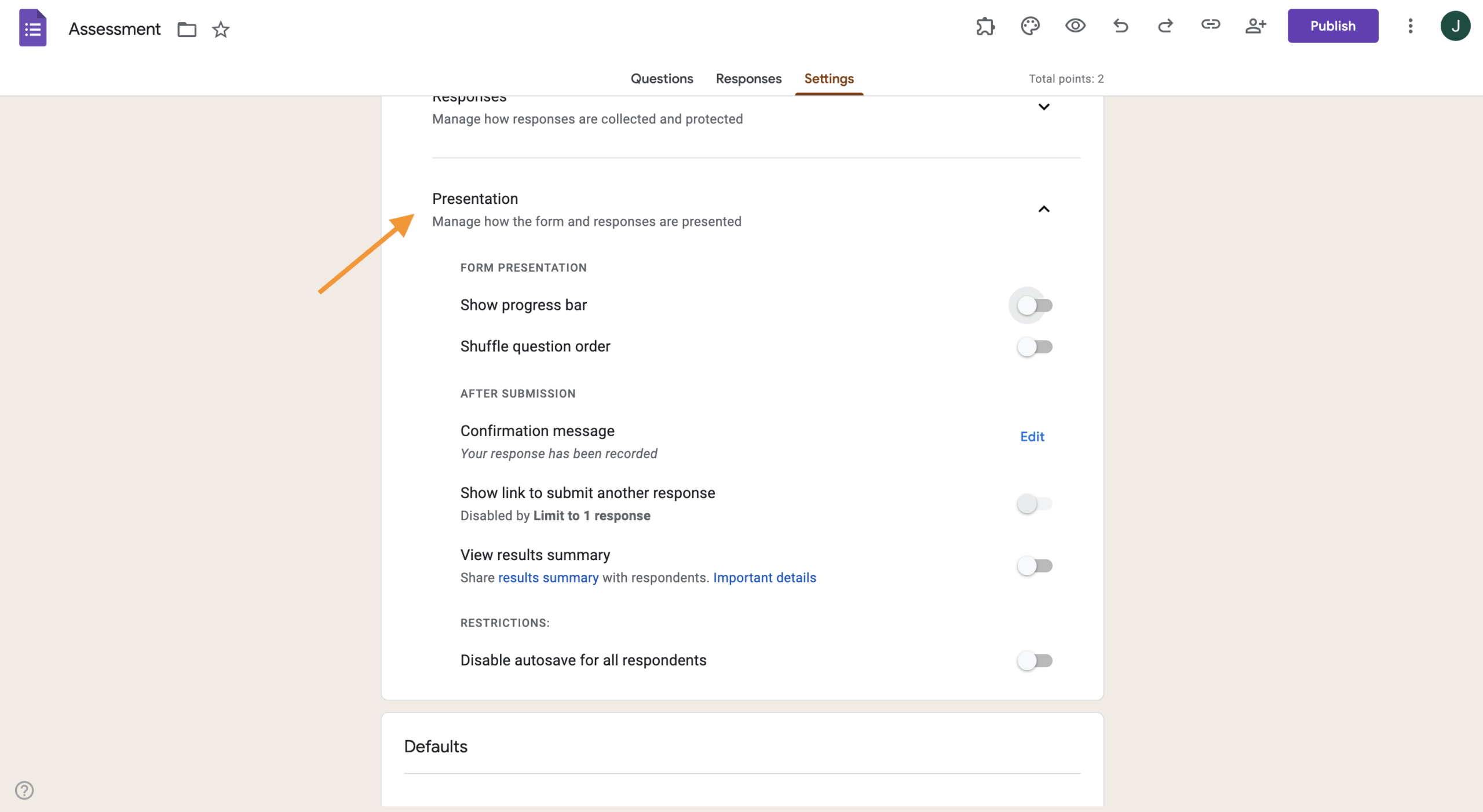 Screenshot of the “Presentation” section in Google Forms’ Settings tab, showing options to manage the form's appearance and user experience, such as showing a progress bar, shuffling questions, and editing the confirmation message