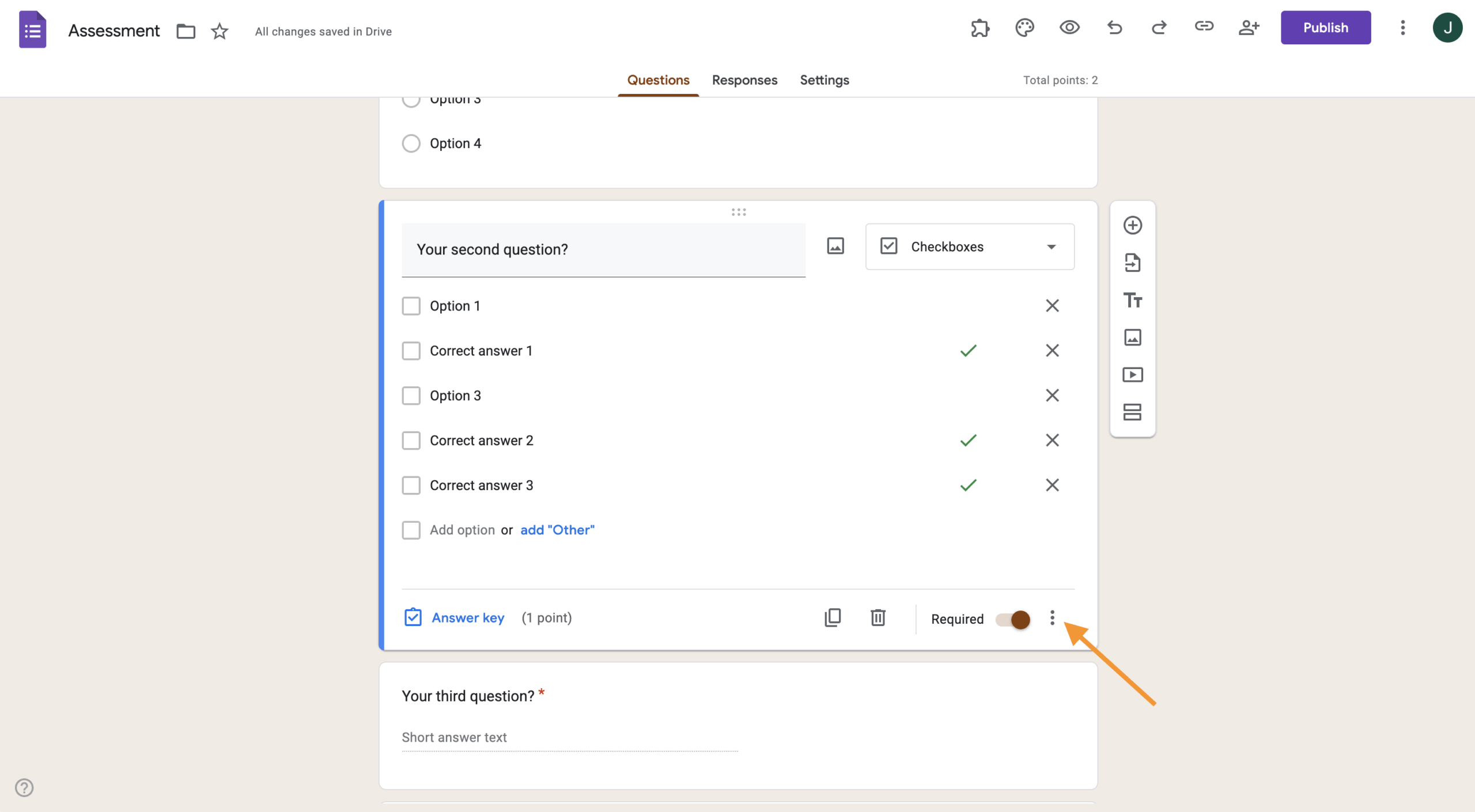 Screenshot of a multiple-choice question in Google Forms' quiz editor, showing several checkbox options with three marked as correct answers and the “Required” toggle enabled