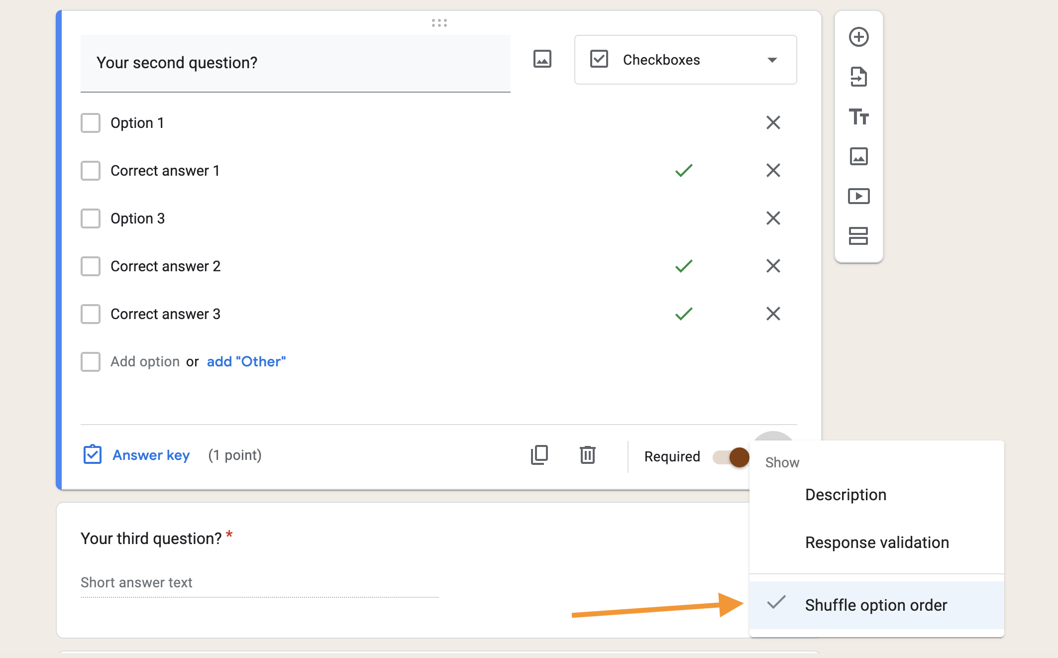 Close-up screenshot of a checkbox question in Google Forms showing the “Shuffle option order” setting enabled from the three-dot menu, ensuring answer choices are displayed in random order to each respondent
