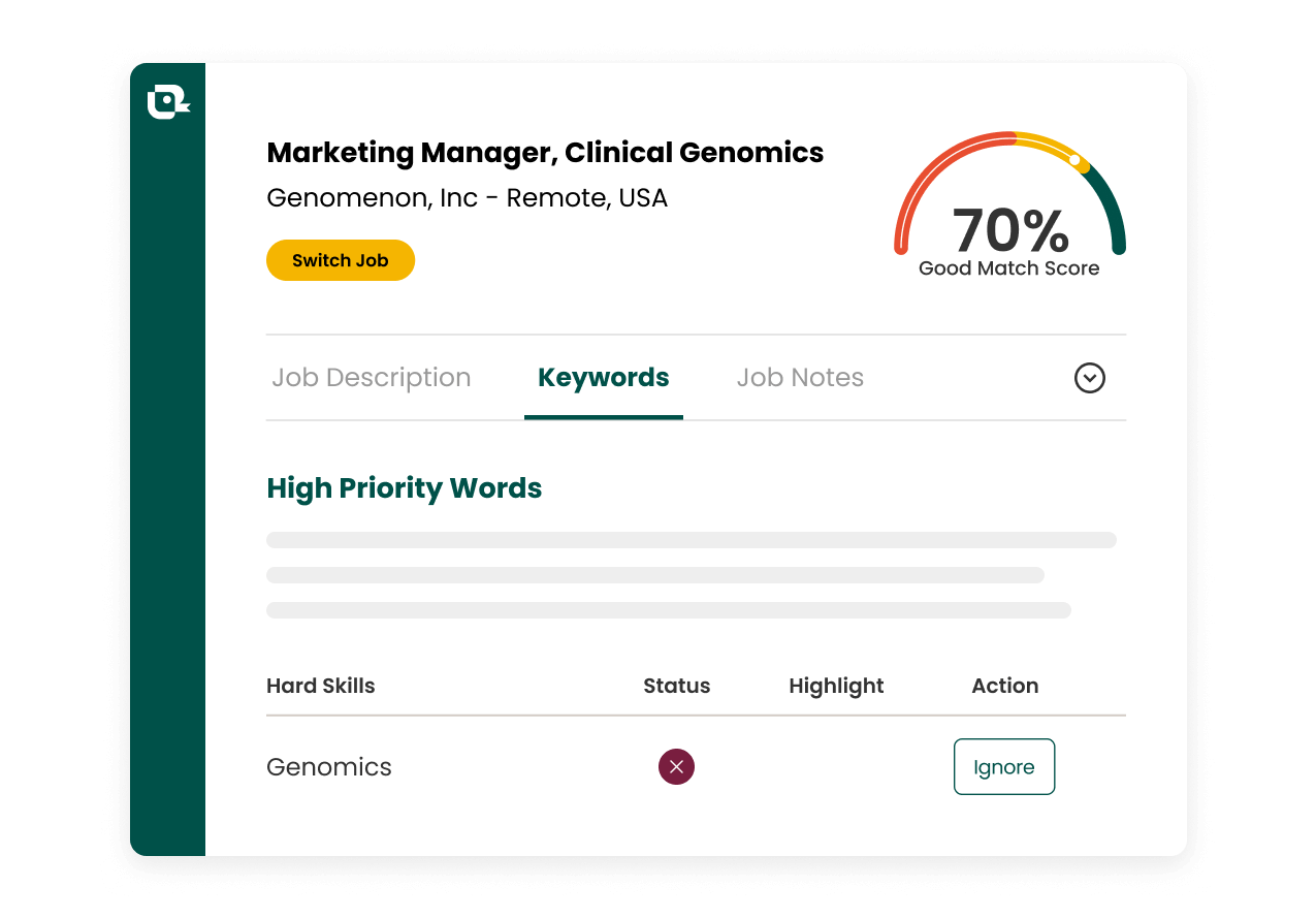 Teal interface showing a resume score of 70% and suggestions for high-priority keywords to include