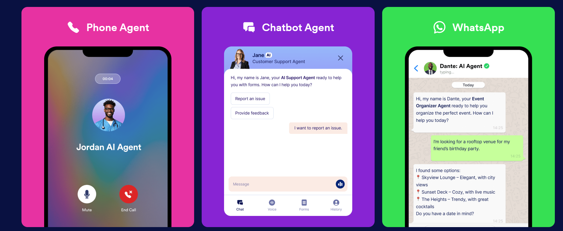 Three example AI agent interfaces: a phone agent, a chatbot agent, and an agent on WhatsApp