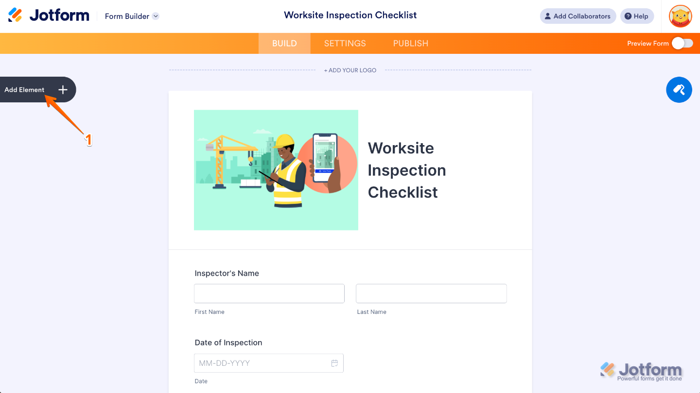 Form Builder interface highlighting the Add Element button on the left panel