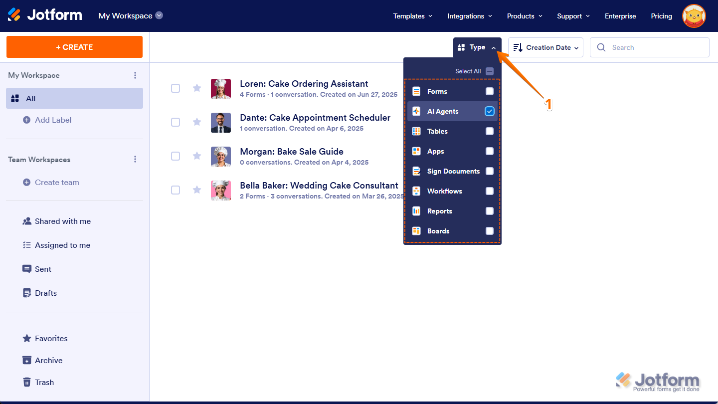 AI Agent option of the Type dropdown in Jotform My Workspace page
