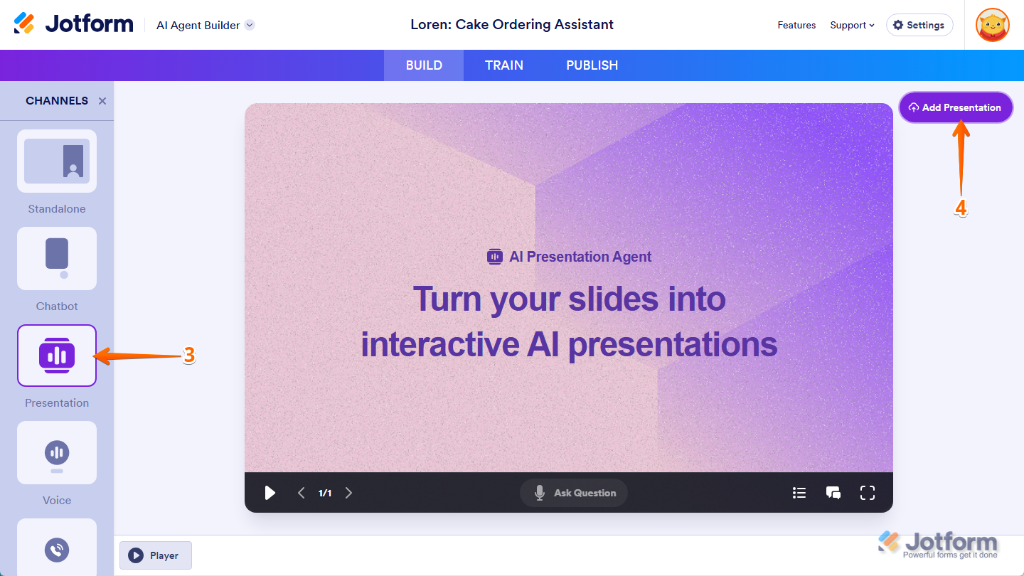 Add Presentation button in the Presentation Agent Builder of the Build tab in AI Agent Builder