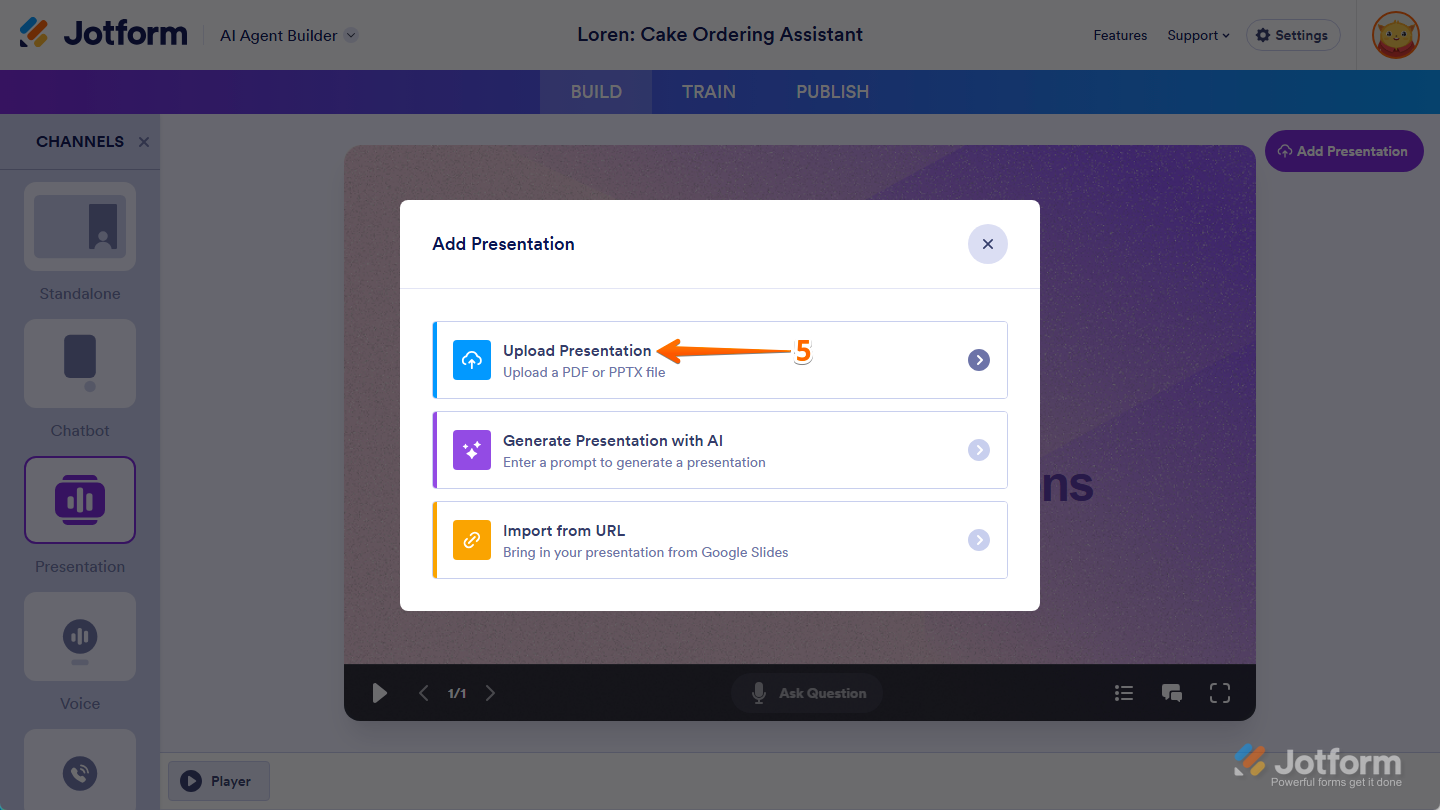 Upload Presentation option in the Add Presentation window of the Presentation Agent Builder under Build tab of AI Agent Builder