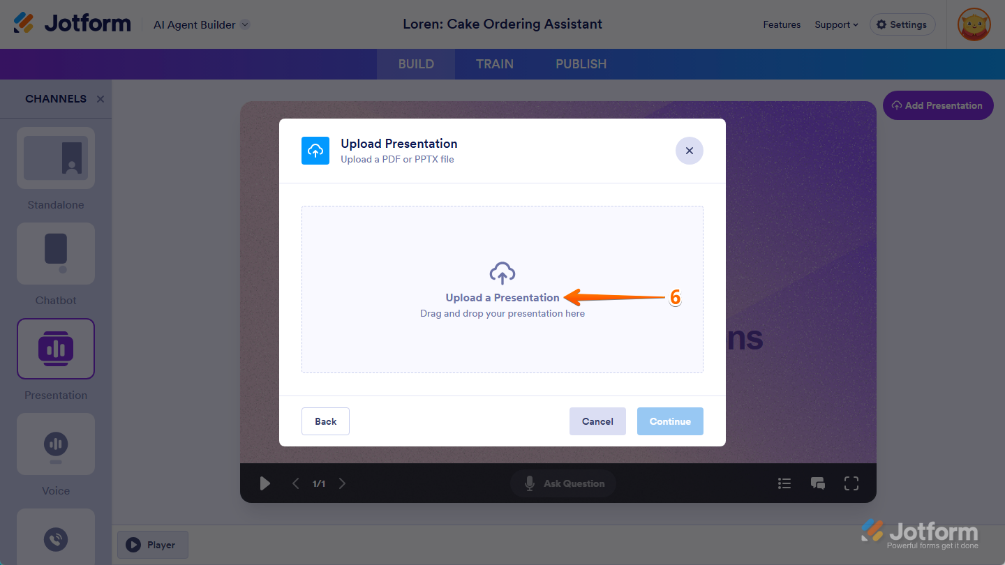 Upload a Presentation area in the Upload Presentation window of the Presentation Agent Builder under Build tab of AI Agent Builder