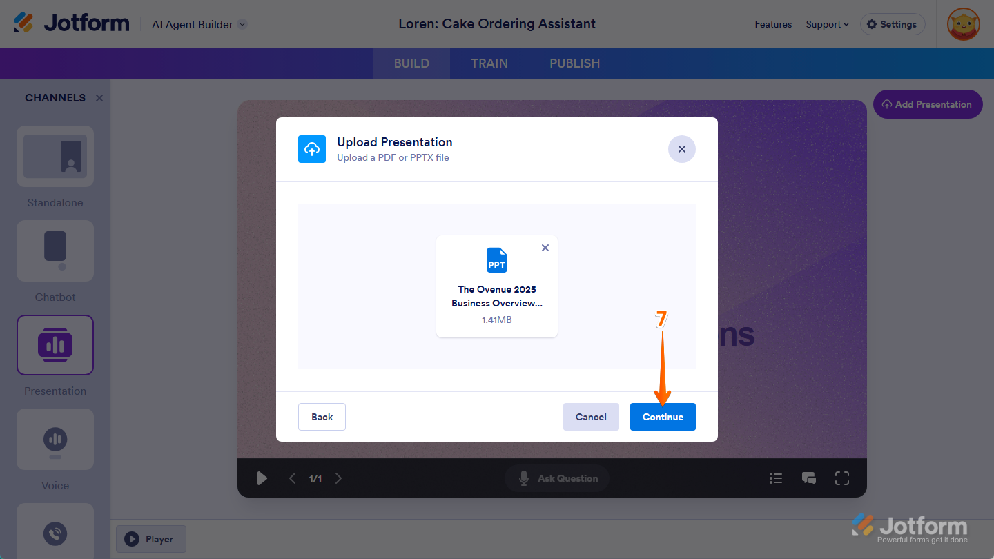 Continue button of the Upload Presentation window in the Presentation Agent Builder under Build tab of AI Agent Builder