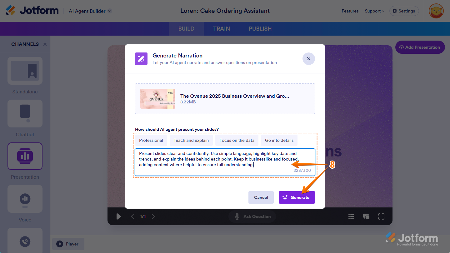 Enter Description box and Generate button in the Generate Narration window of the Presentation Agent Builder under Build tab of AI Agent Builder