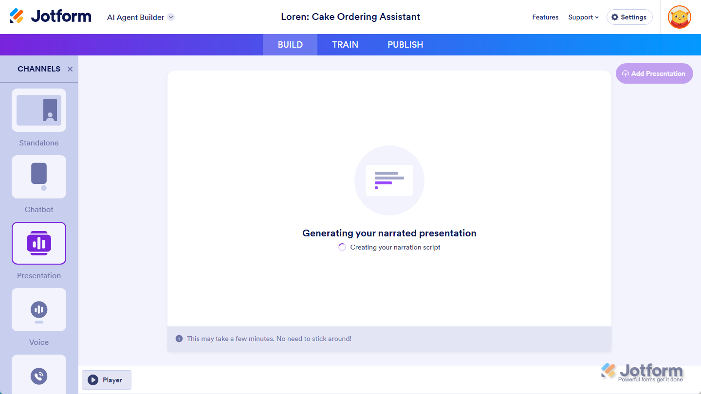 Generating Narrated Presentation message in the Presentation Agent Builder of the Build tab in AI Agent Builder