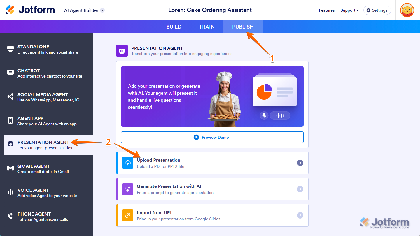 Upload Presentation option in the Presentation Agent section of the Publish tab in AI Agent Builder