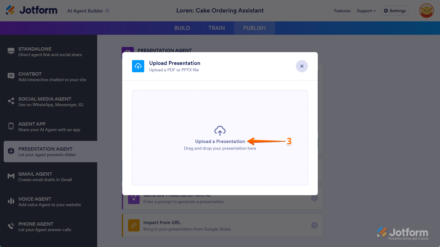 Upload a Presentation area within the Upload Presentation window of the Presentation Agent section in Publish tab in AI Agent Builder