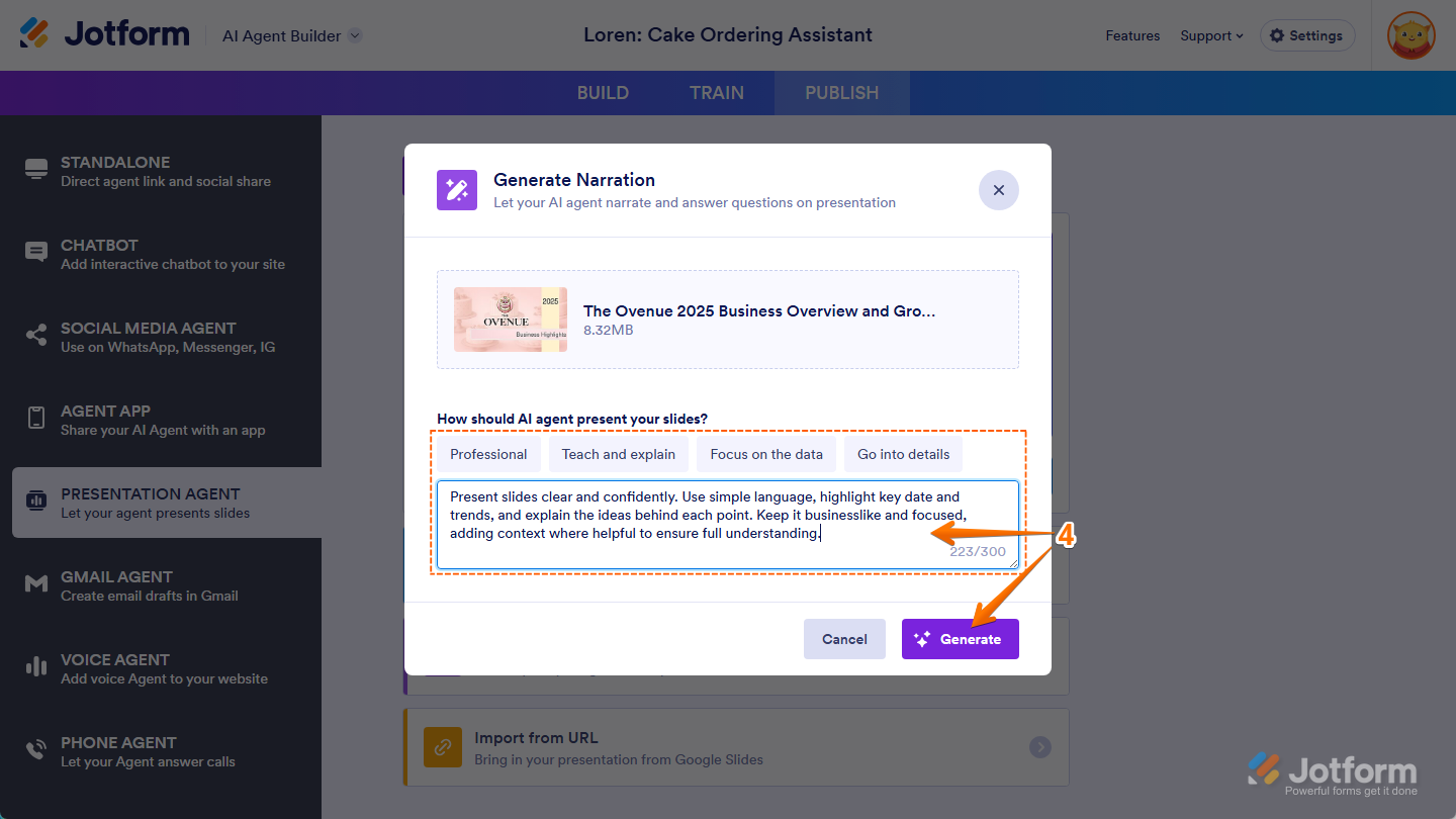 Enter Description box and Generate button in the Generate Narration window of the Presentation Agent section of the Publish tab in AI Agent Builder