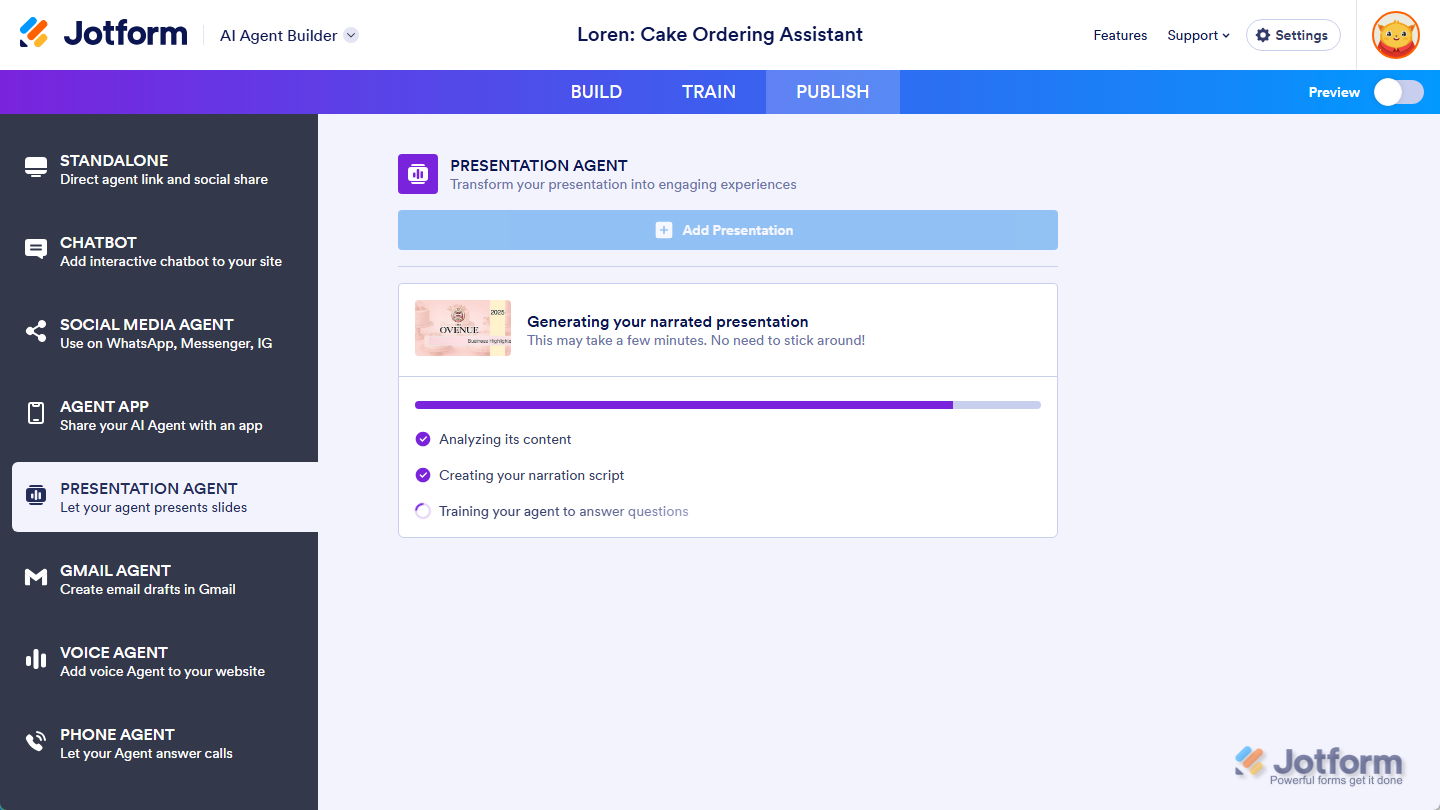 Generating Narrated Presentation message in the Presentation Agent section of the Publish tab in AI Agent Builder