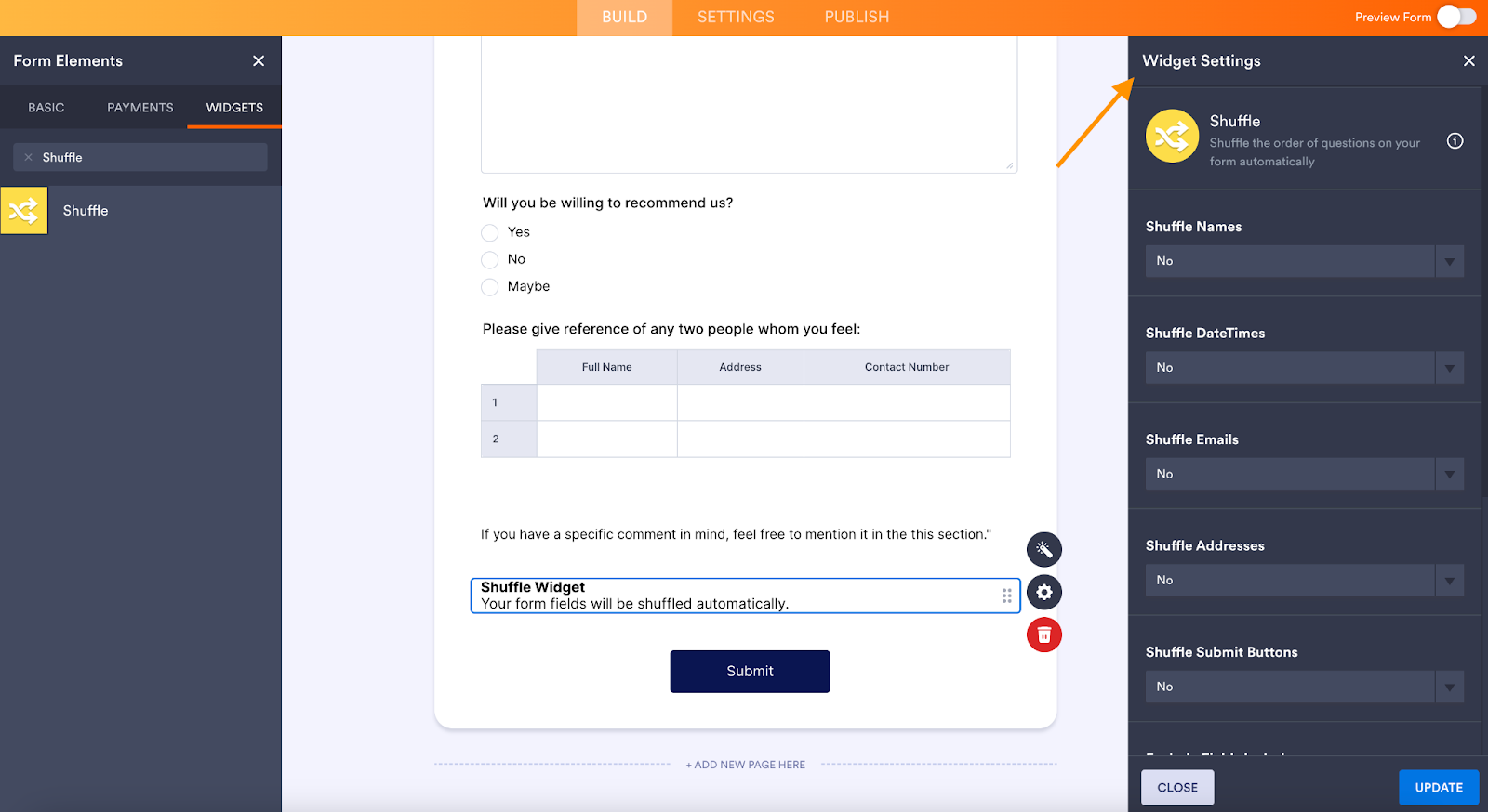 Jotform interface showing the "Widget Settings" with options like "Shuffle Names," "Shuffle Emails," and "Shuffle Submit Buttons