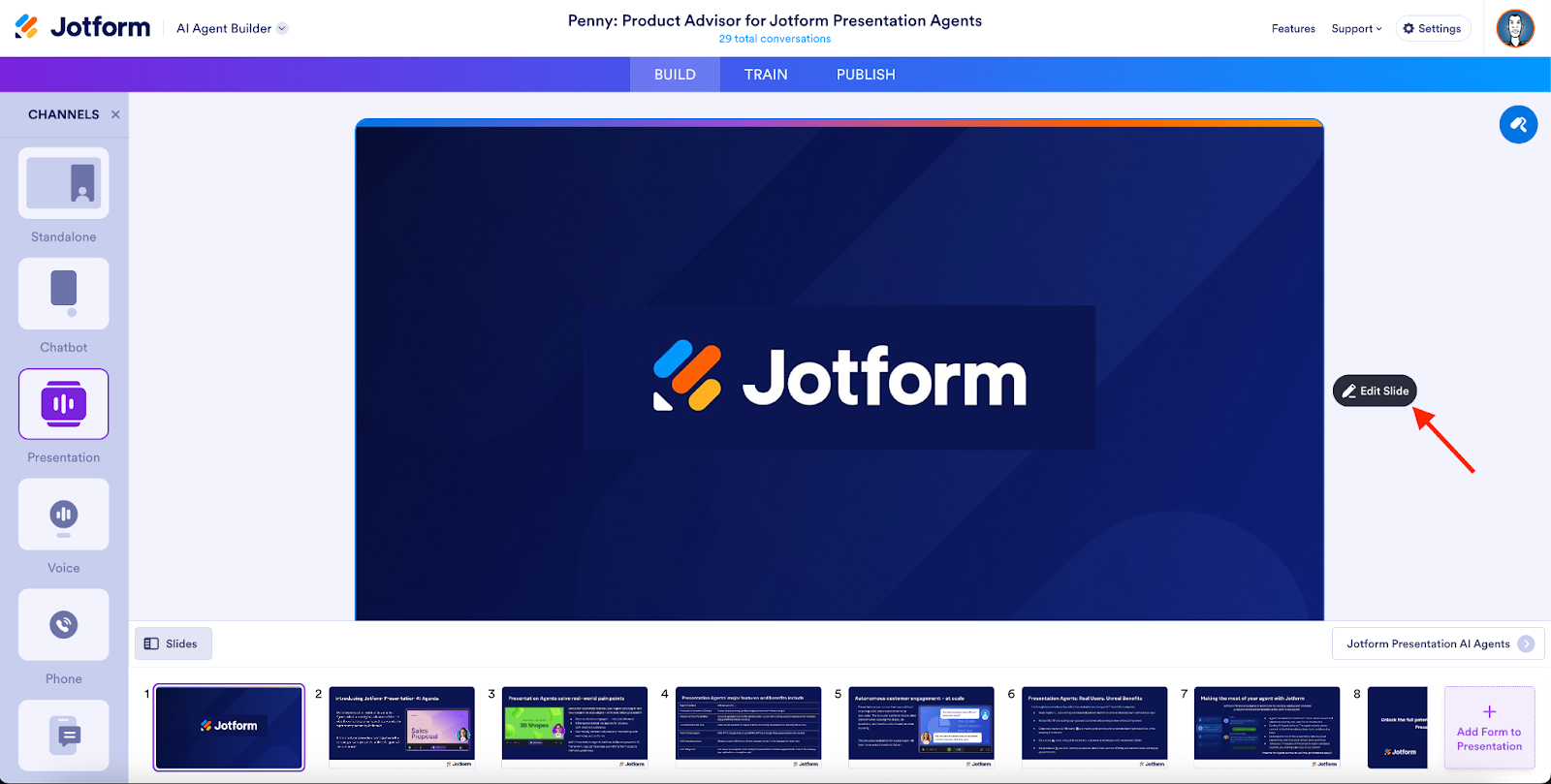 Clicking on the Edit Slide Button on the Build page on Jotform AI Agent Builder