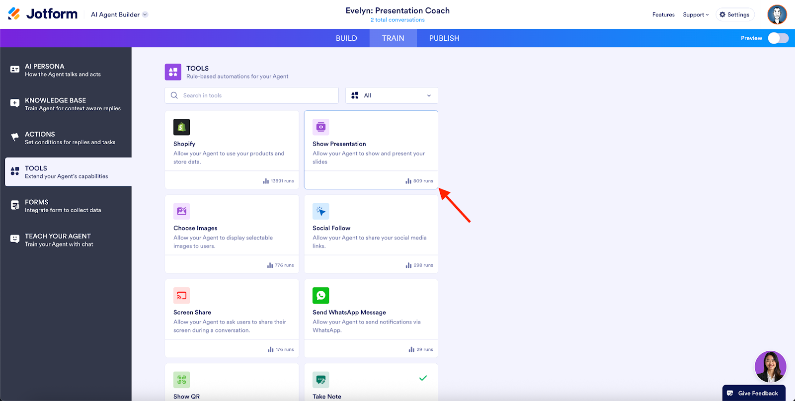 Clicking on the Show Presentation option on the Tools Tab under the Train tab