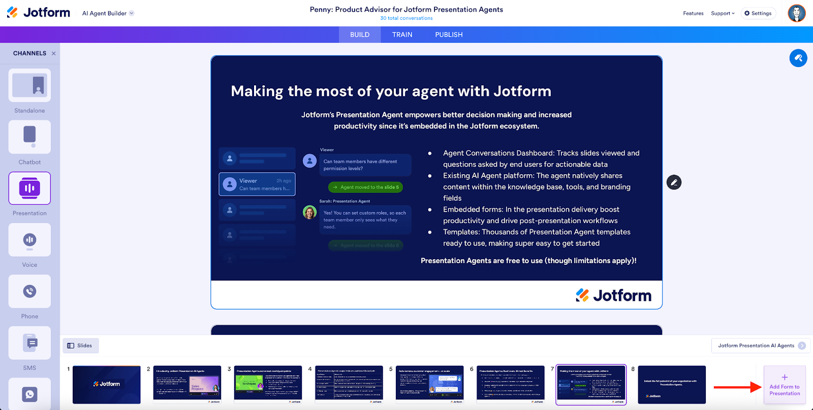 Clicking on the Add Form to Presentation button on the AI Agent Builder