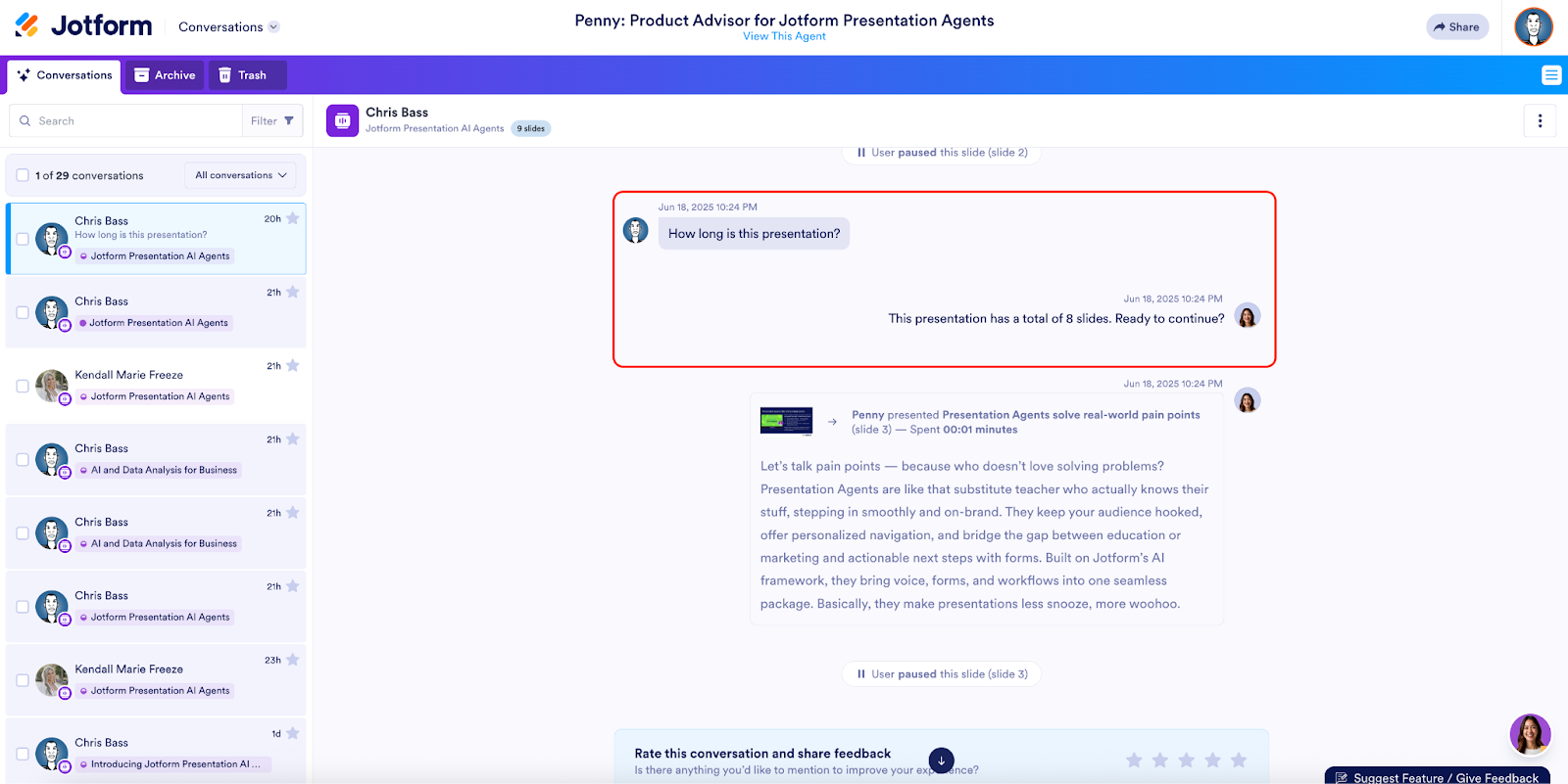 Highlighting a conversation with the AI Agent on the Conversations tab