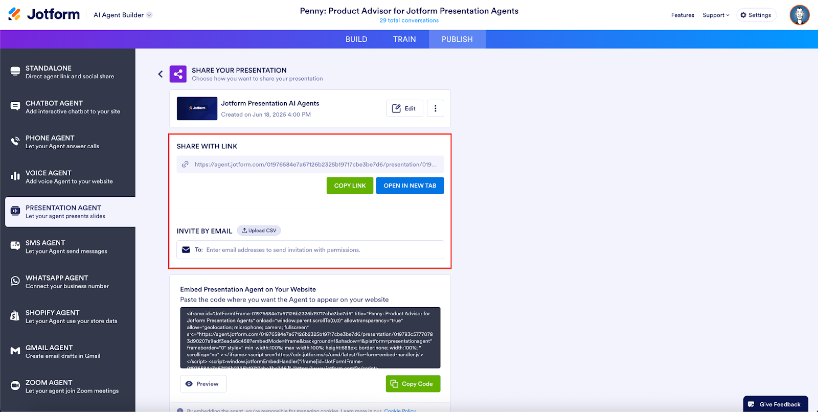 Highlighting the Share with Link field on the Publish tab