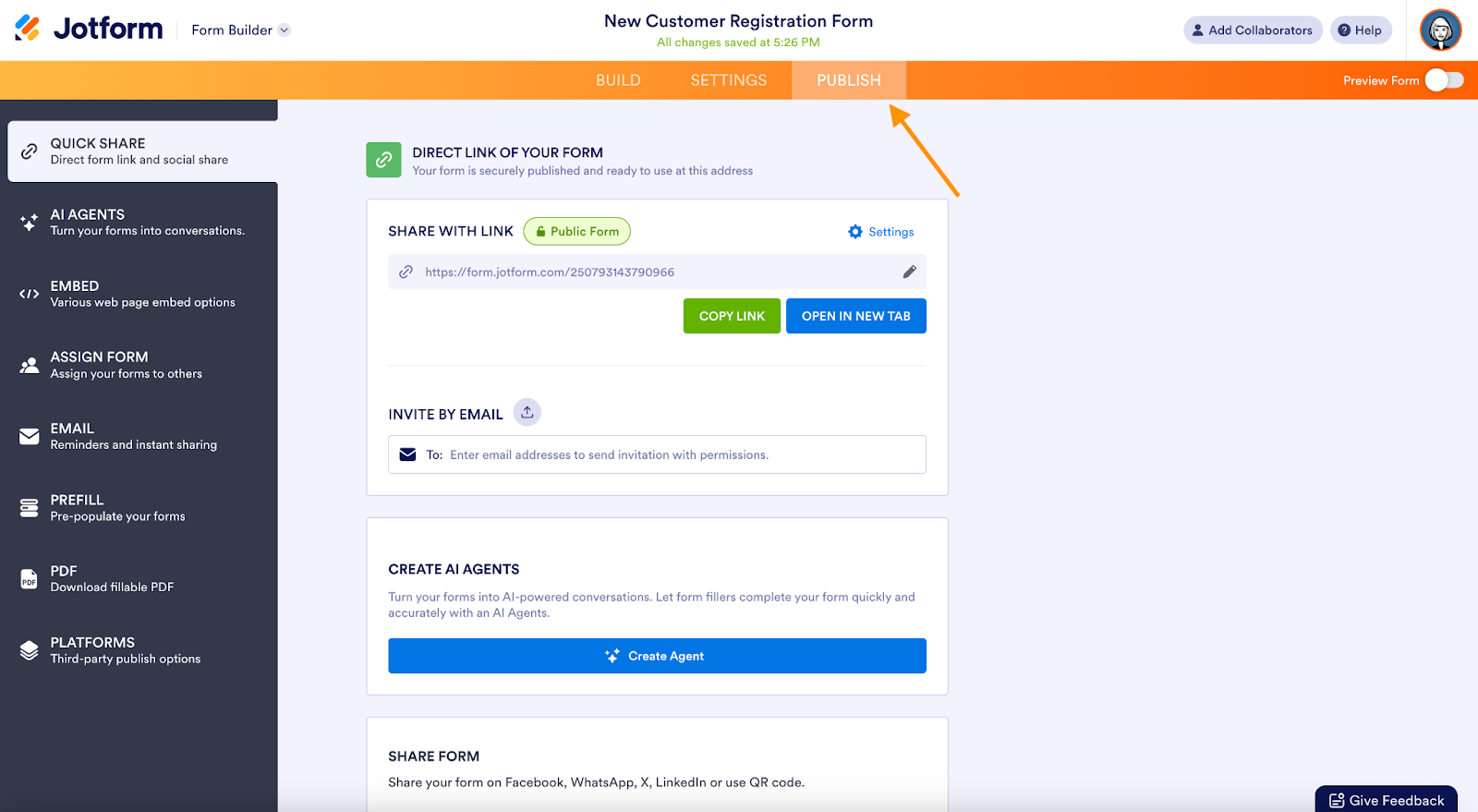 Jotform interface showing the "Publish" tab selected and various publishing options such as direct form link, embed, email, fillable PDF, and third-party platforms