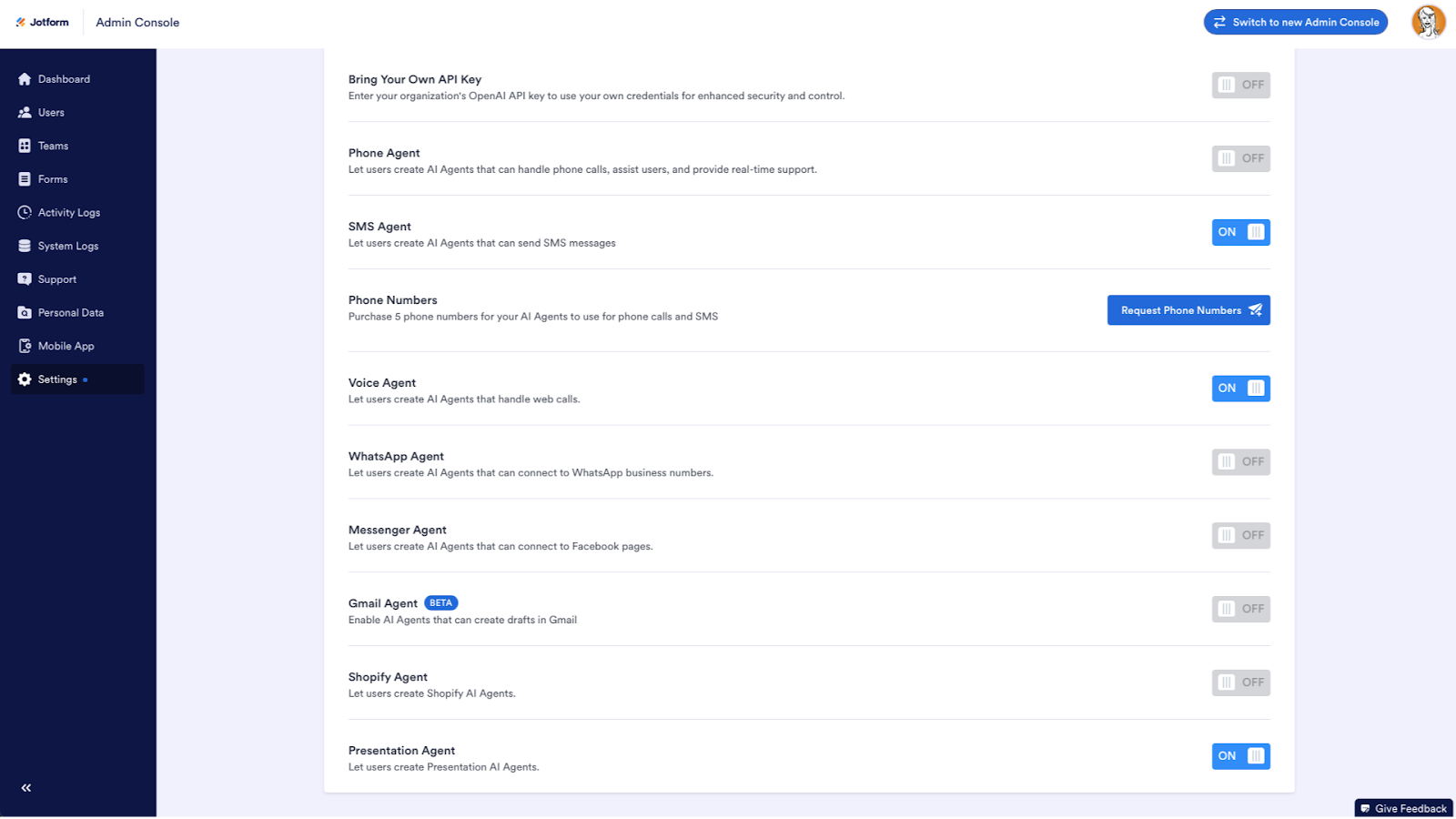 Toggling on the Presentation Agents option on the AI Agent section on Settings