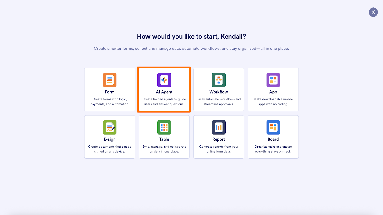 Selecting the AI Agent option on the My Workspace page