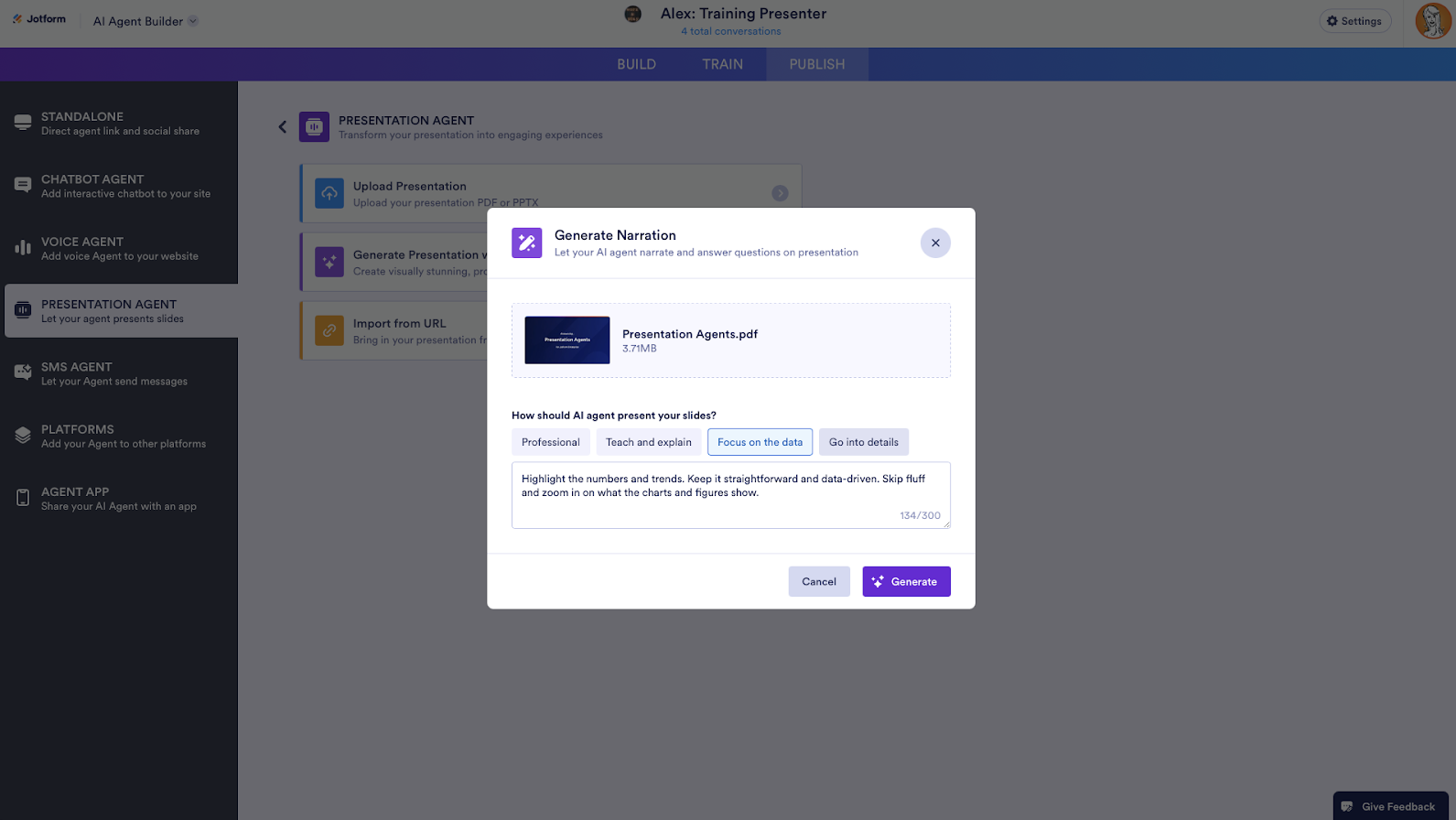 Generate Narration window on Jotform AI Agent Builder