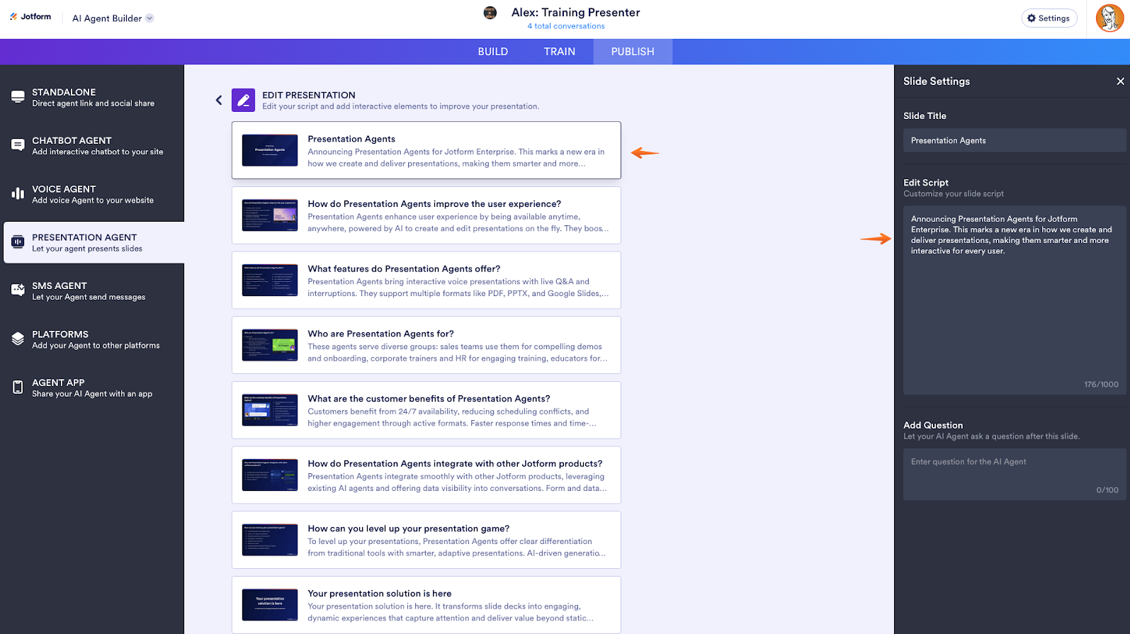 Clicking on the Presentation Agents option under the Edit Presentation page