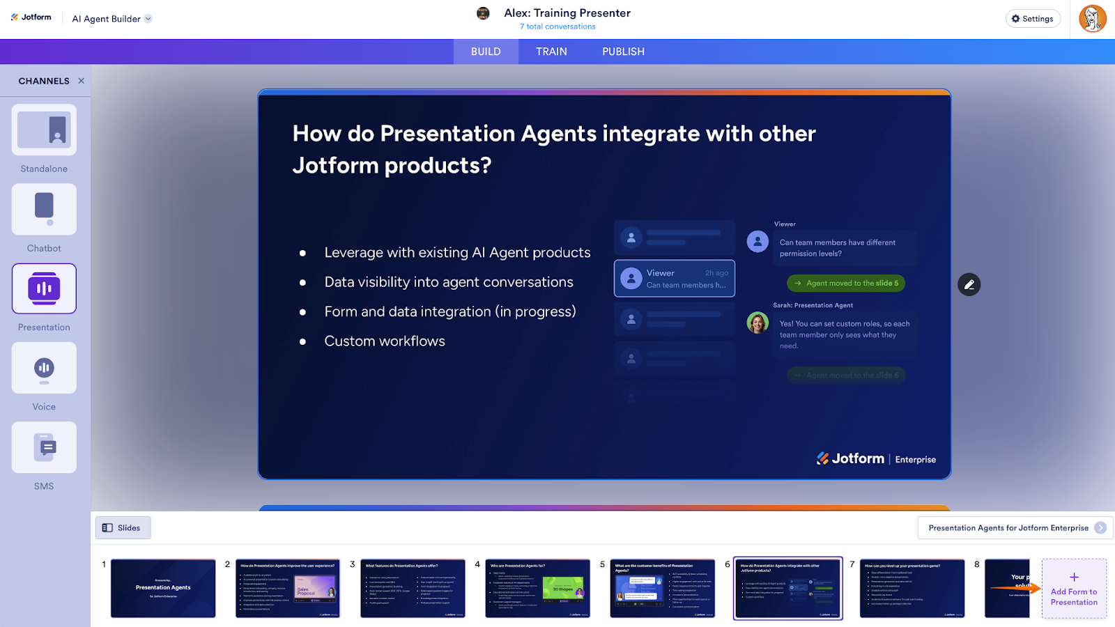 Clicking on the Add Form to Presentation button on the Build tab of Jotform AI Agent Builder