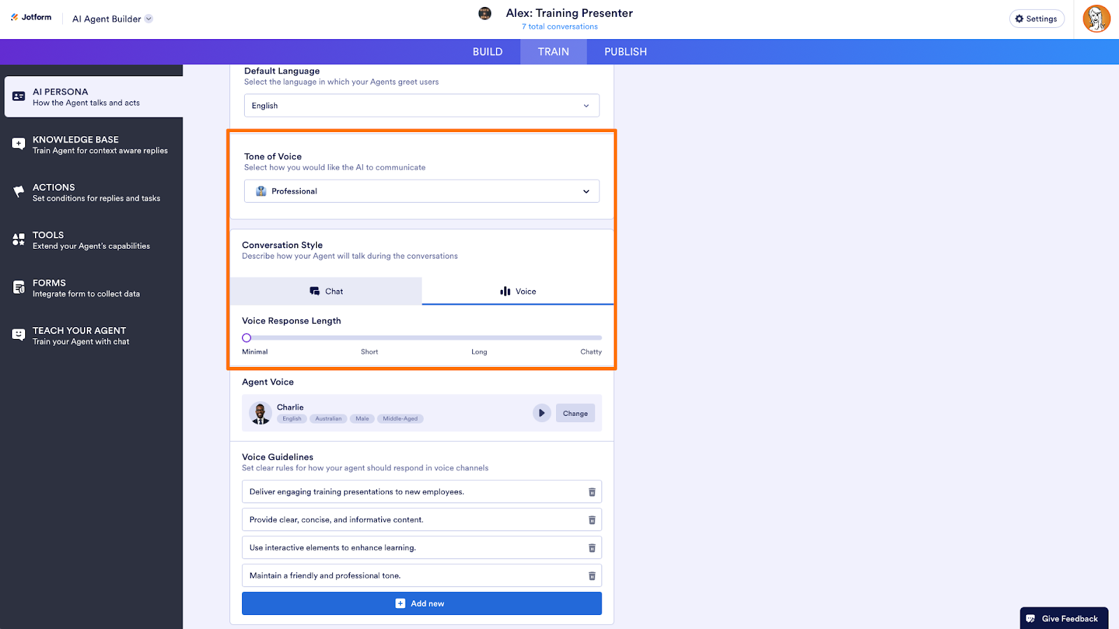 Viewing the options under the AI Persona tab
