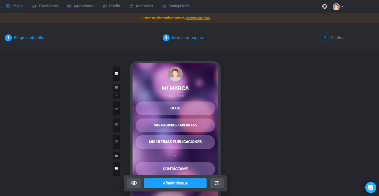 Interfaz de usuario de Taplink
