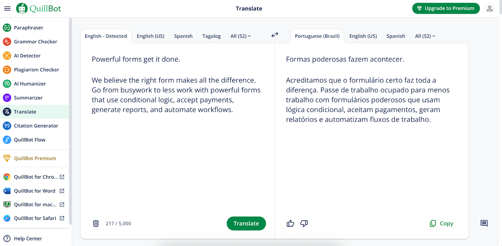 User Interface of QuillBot 