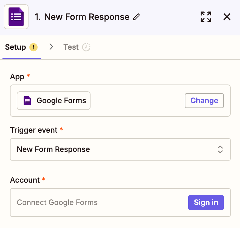 Zapier interface showing the trigger event setup screen with the Google Forms app selected and "New Form Response" trigger event selected