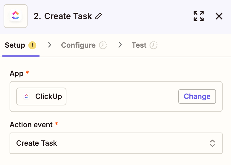 Zapier interface showing the action event setup screen with the ClickUp app selected and "Create task" trigger event selected