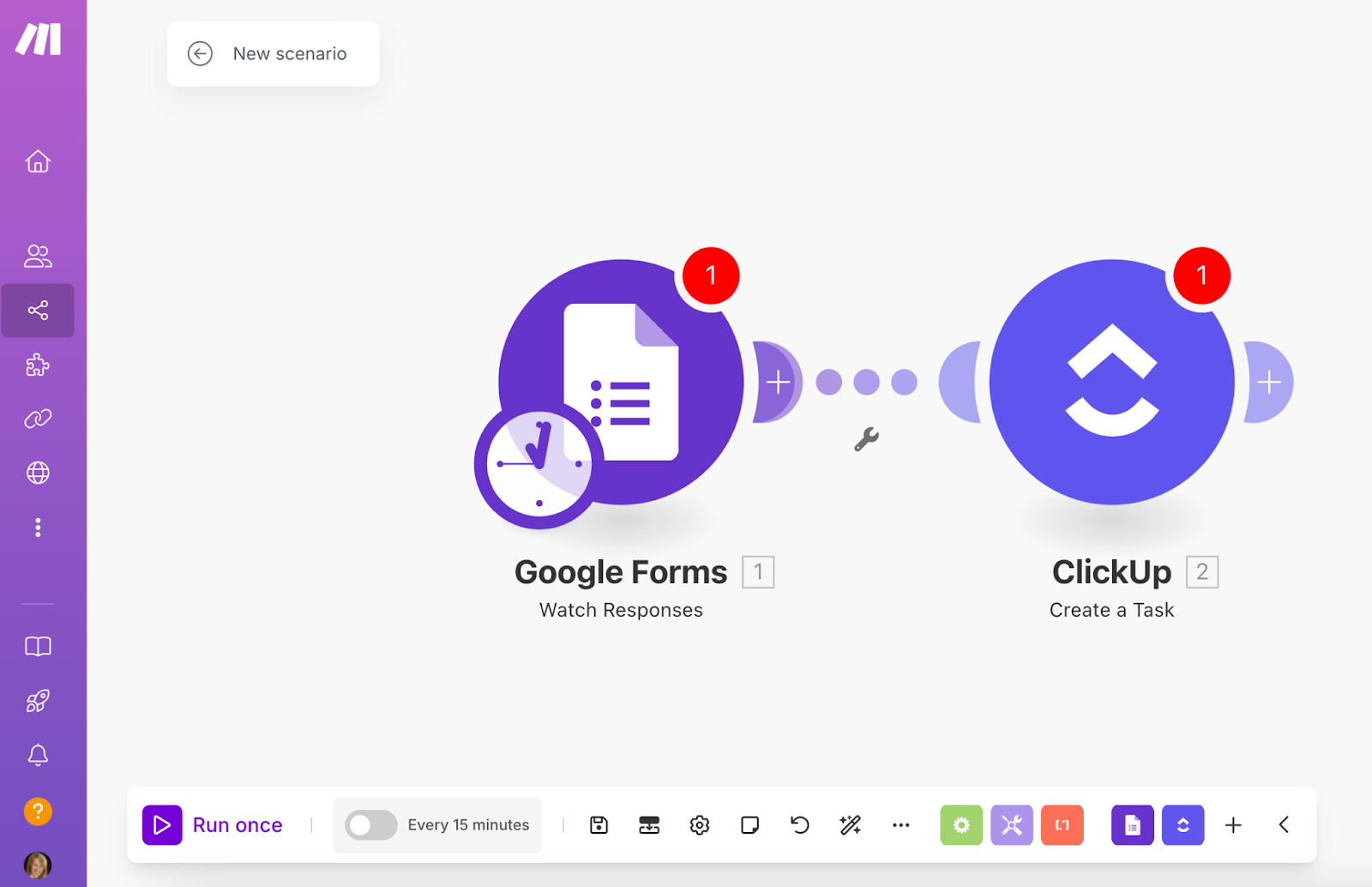 Make's interface showing the Google Forms ClickUp integration scenario and the option to select it to run every 15 minutes