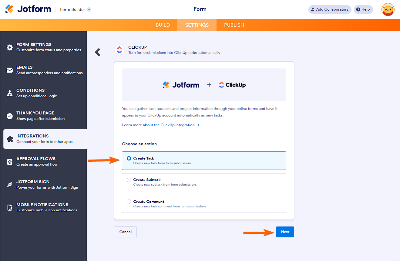 Jotform interface showing the ClickUp integration settings, with an arrow pointing to "Create Task" under "Choose an action