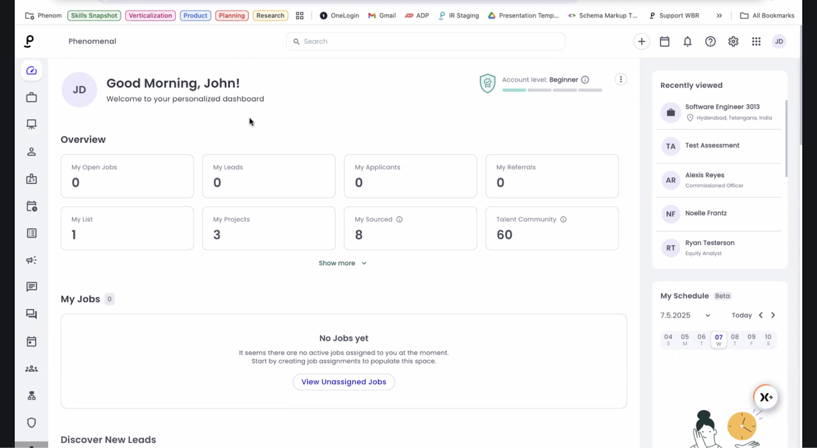 Phenom dashboard for recruiters showing an overview including open jobs, leads, applicants, referrals, and assigned active jobs