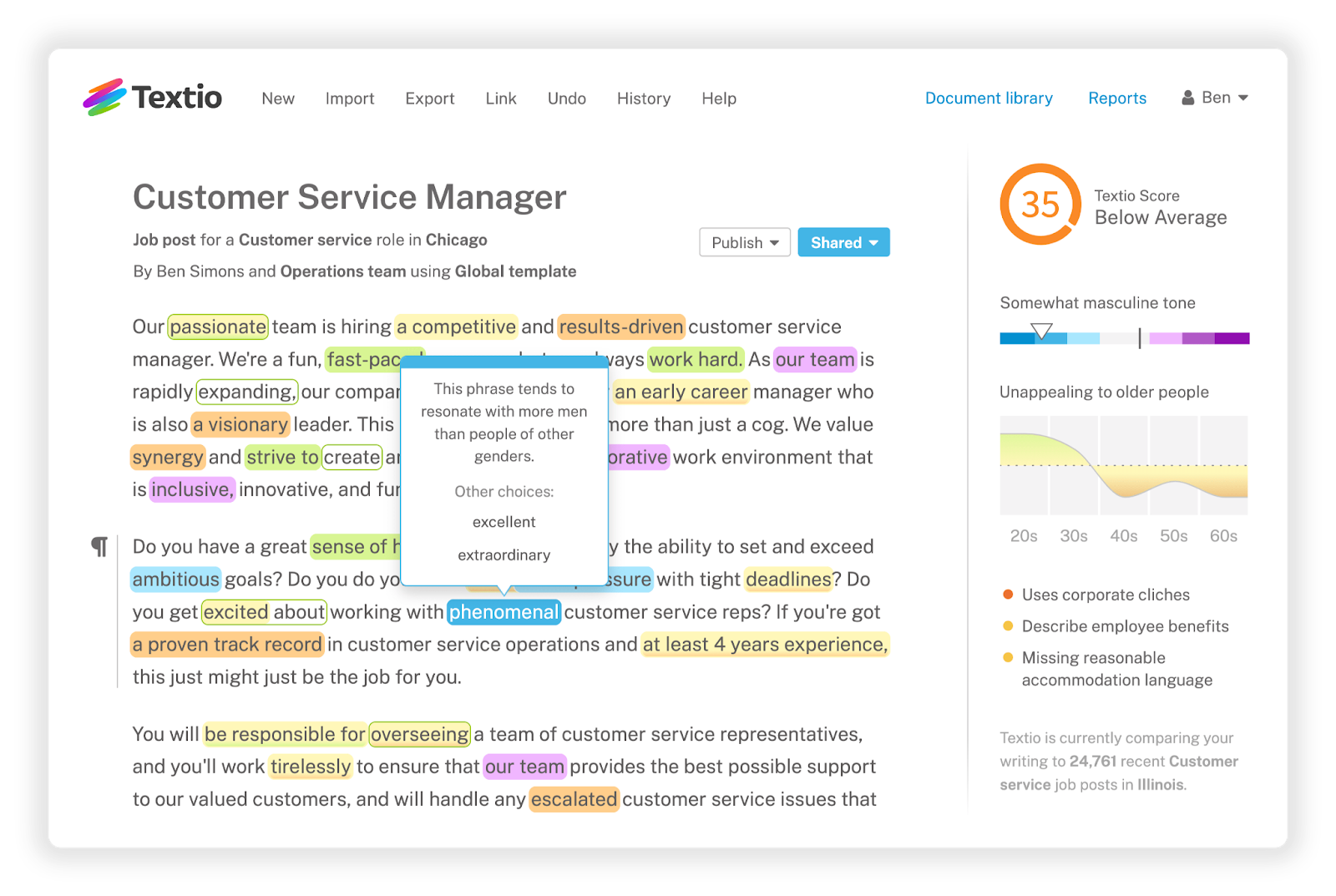 Textio interface showing an example job post that has been scored and highlighted with suggested improvements