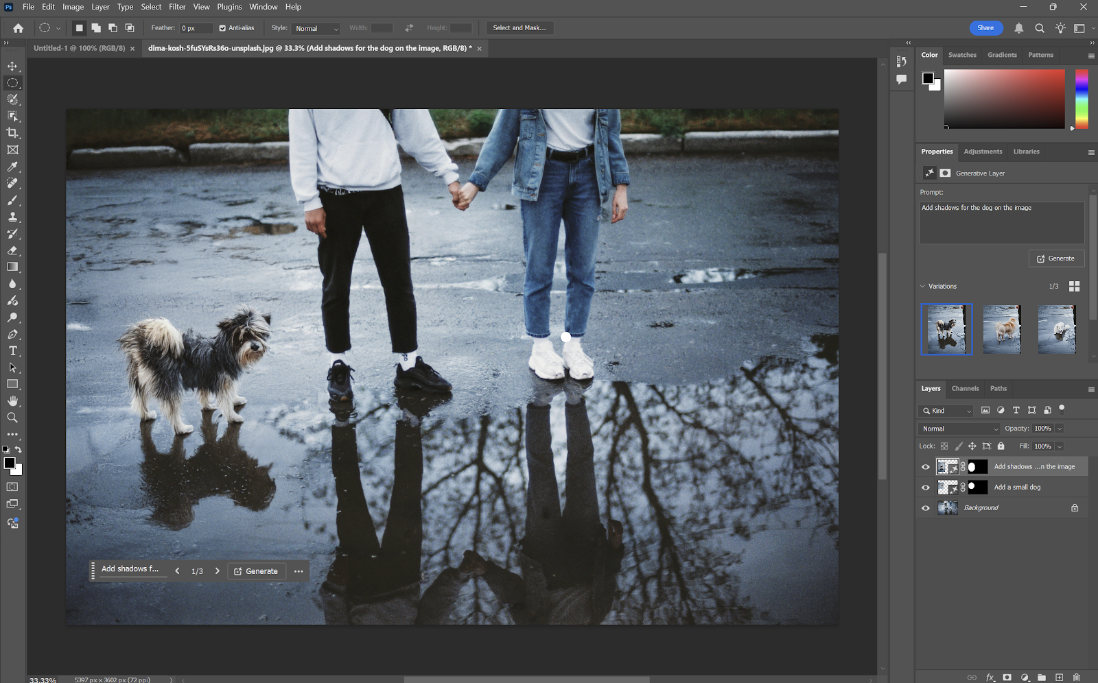 Adobe Photoshop with Firefly interface showing a picture of two people holding hands and a dog that has been added in with AI