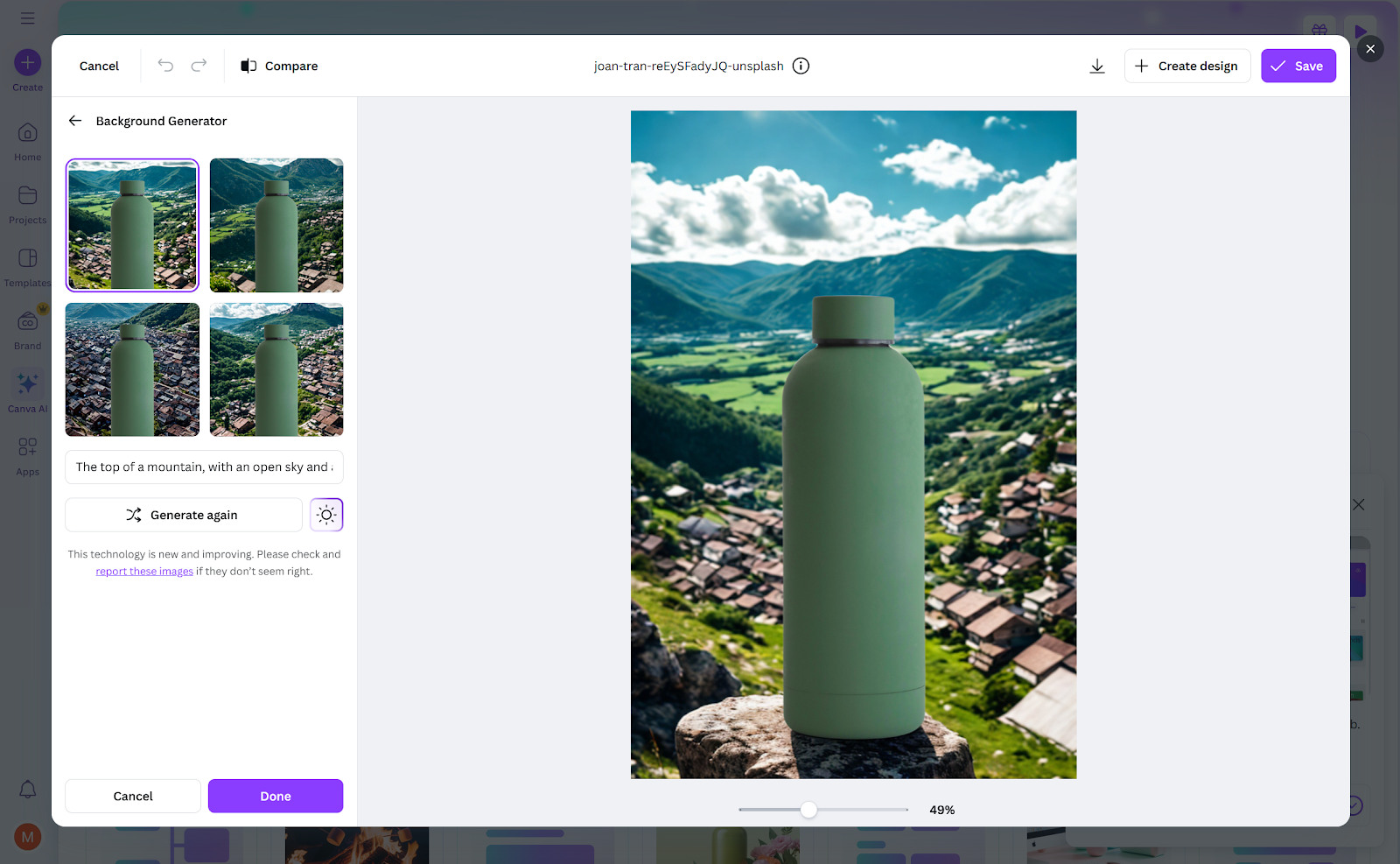 Canva interface showing an image of a water bottle in the foreground with various AI-generated background options