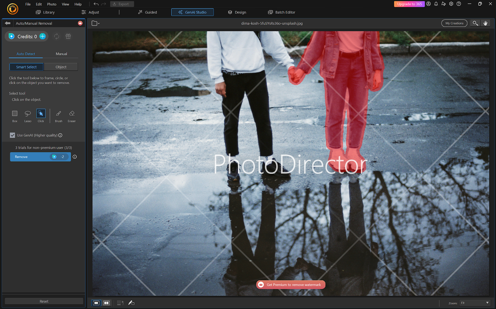CyberLink PhotoDirector interface showing a picture of two people holding hands and the person on the right highlighted for removal by AI