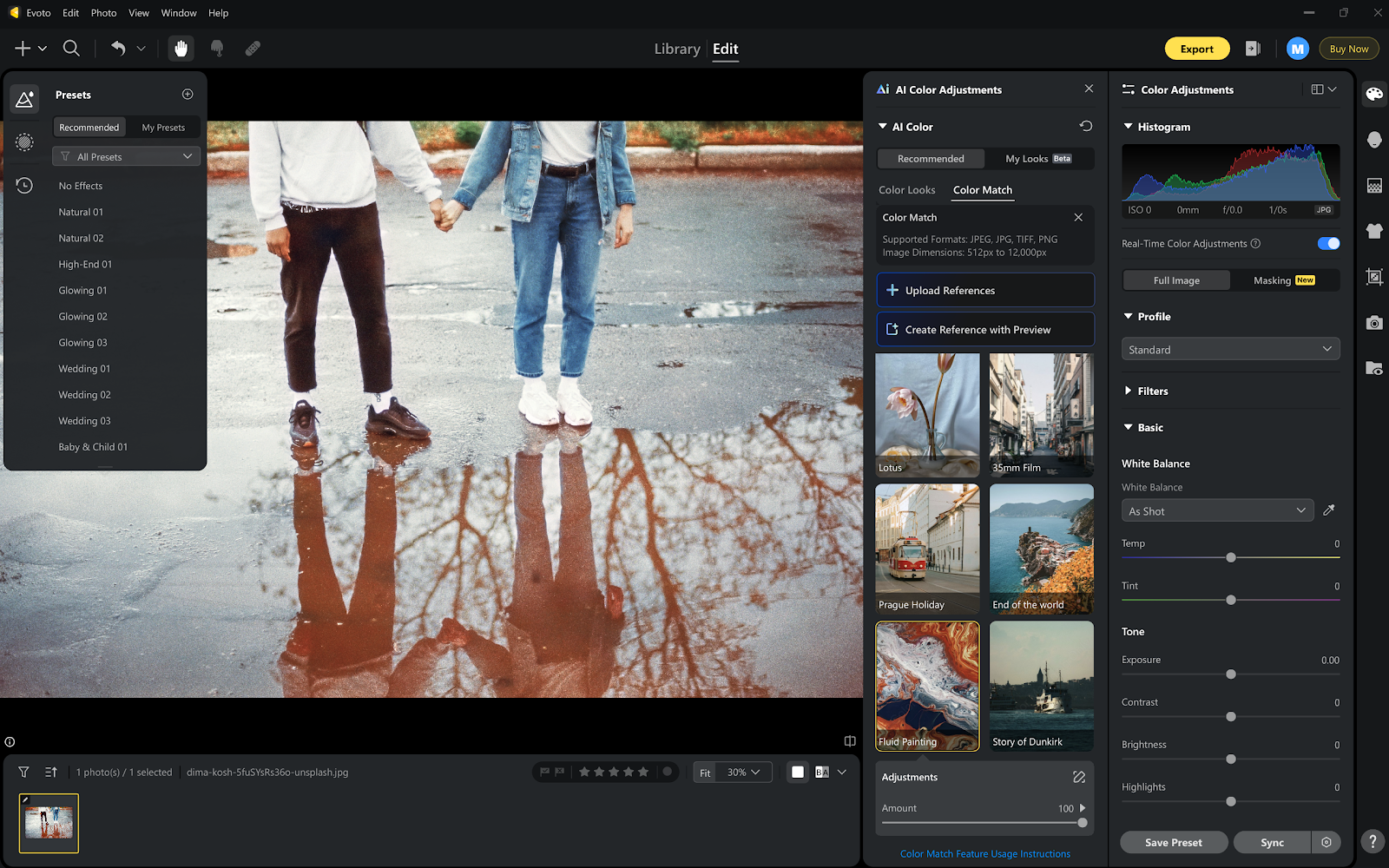 Evoto interface showing a picture of two people holding hands