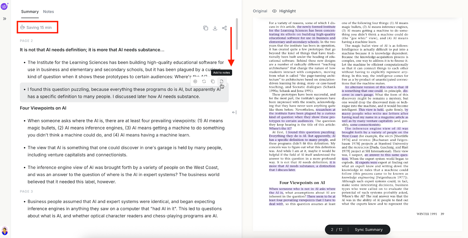 Wordtune Summarizer interface showing the summary on the left-hand side, and the original PDF with highlights on the right-hand side