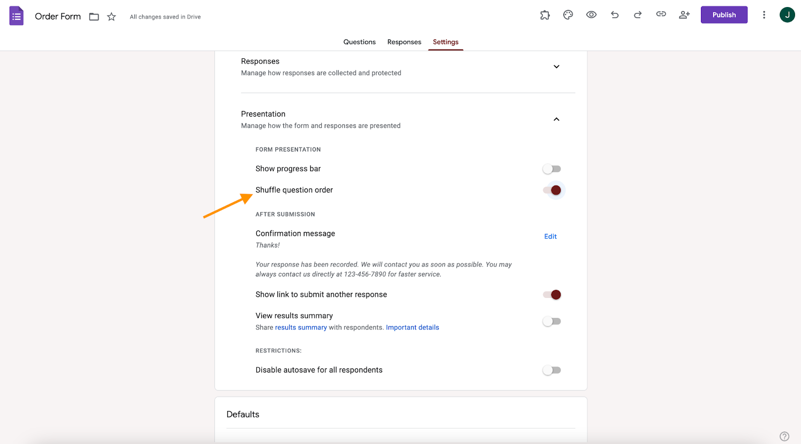 Google Forms interface showing the "Presentation" tab collapsed and an arrow pointing to "Shuffle question order" option