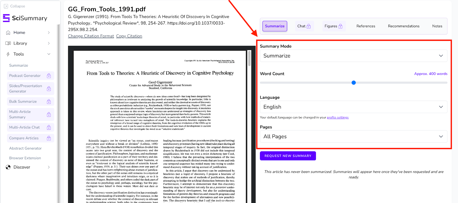 SciSummary interface showing the various summary options: summary mode, word count, language, and pages to summarize