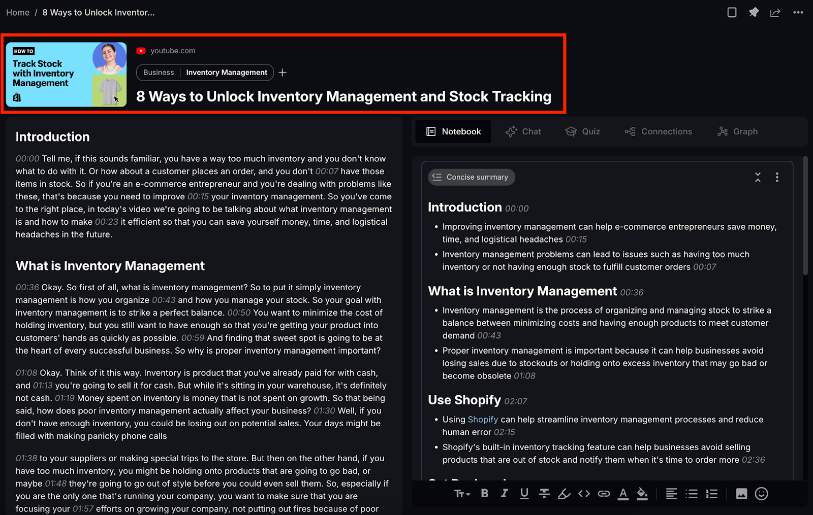 Recall interface with a bullet-point summary of a YouTube video, "8 Ways to Unlock Inventory Management and Stock Trading