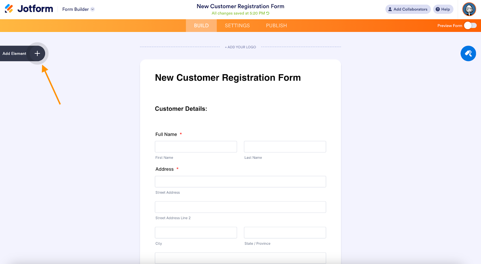 Jotform interface showing an example "New Customer Registration Form" and an arrow pointing to the "Add Element" option on the left-hand side of the screen